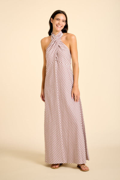 Anna brown stripe halter maxi