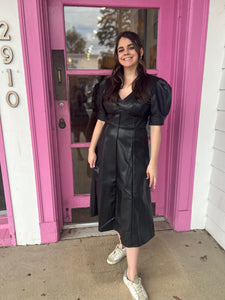 Samantha black leather midi dress