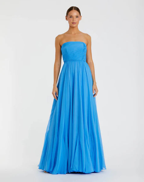 Bright blue strapless gown