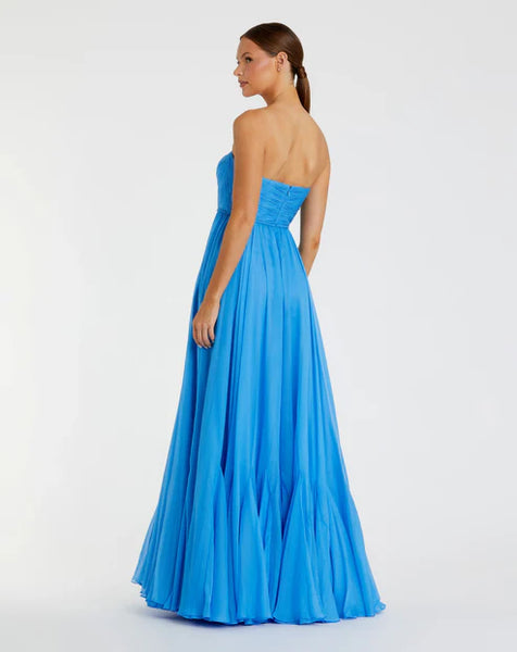 Bright blue strapless gown