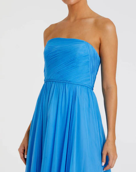 Bright blue strapless gown
