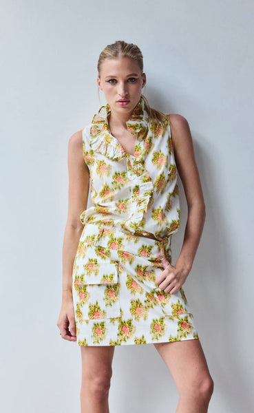 Pink warped ikat frilled button down