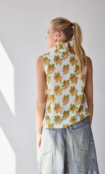 Pink warped ikat frilled button down