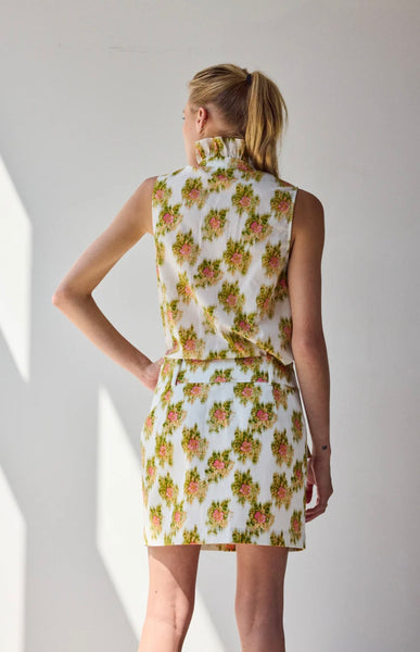 Pink warped ikat frilled button down