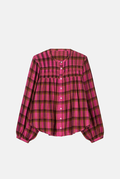 Fuchsia and chocolate plaid blouse