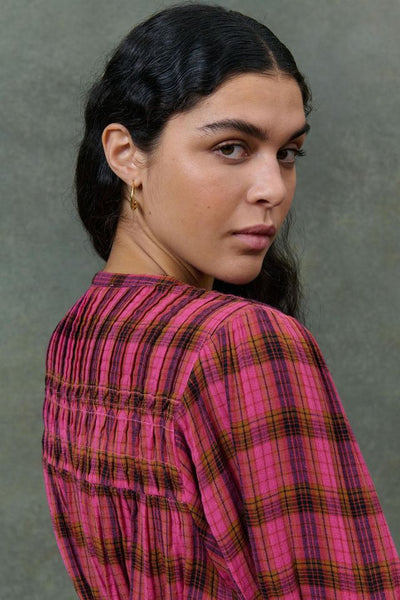 Fuchsia and chocolate plaid blouse