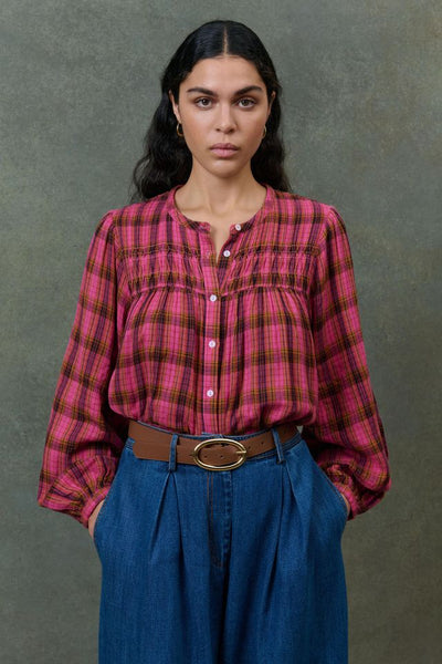 Fuchsia and chocolate plaid blouse
