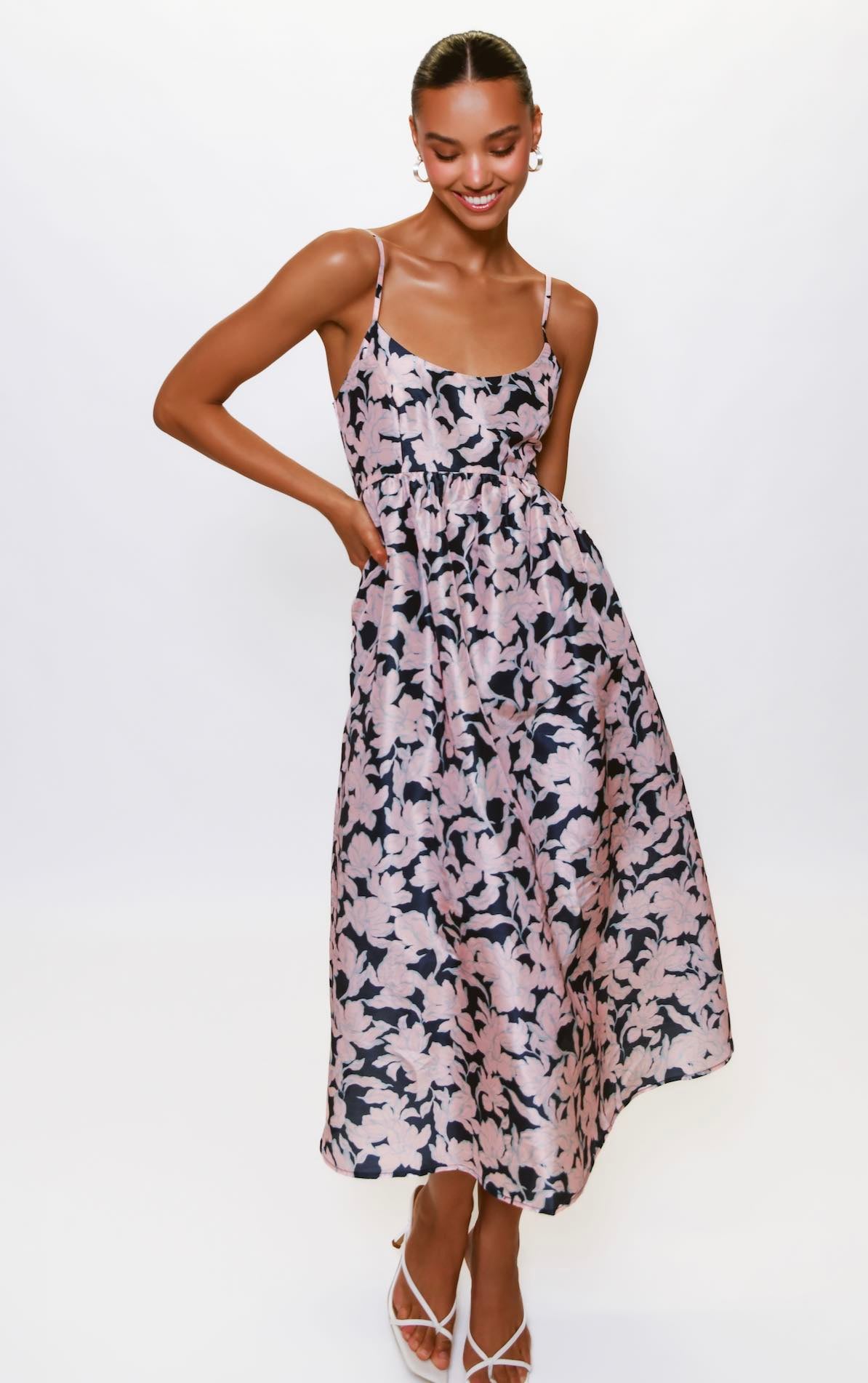 Navy and pink floral midi cocktail dress Chosen womens apparel Navy and pink floral midi cocktail dress Chosen womens apparel